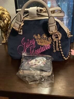 2PC Juicy Couture Navy and Cream Satchel with Pink Embroidery and Gold Hardware